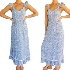 Japna blue leaf print cut out lace ruffle midi dress size XS
